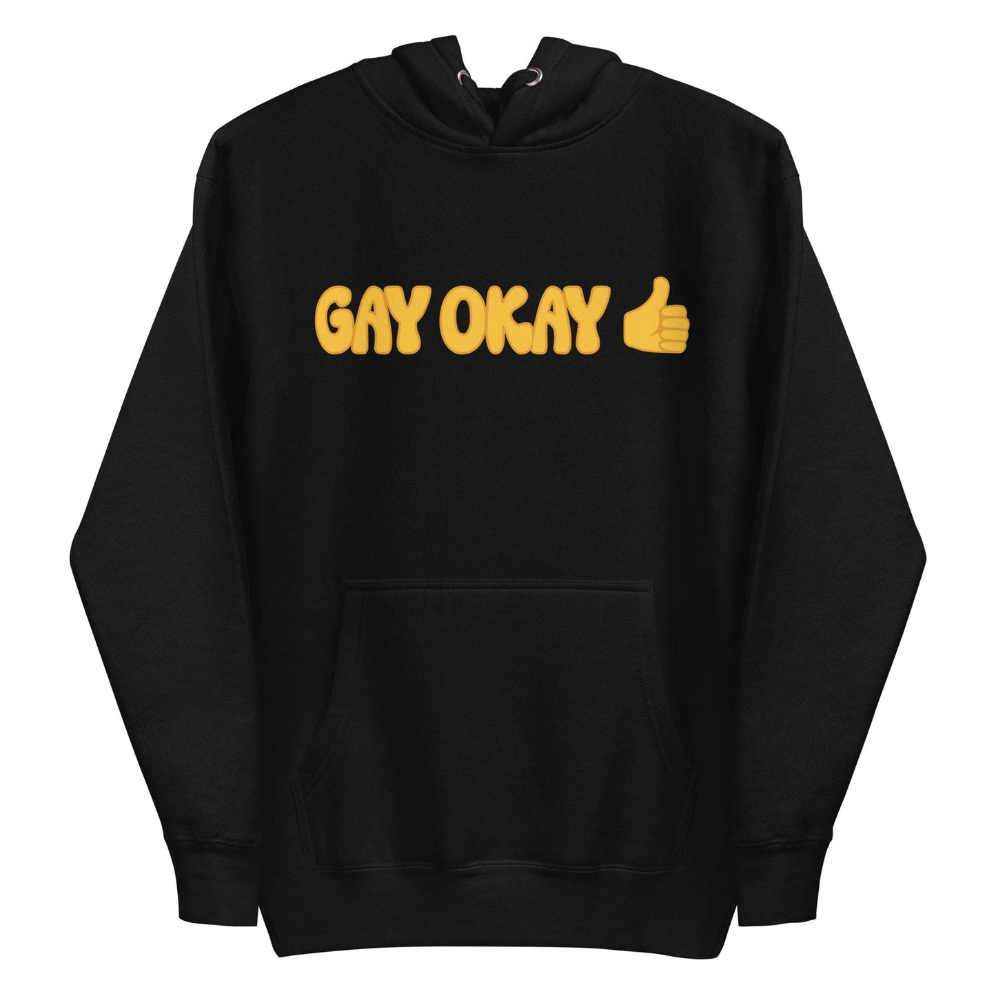 Introducing the Gay Okay Hoodie by Pridelity, a white pride hoodie showcasing "GAY OKAY" in bold yellow bubble letters on the front. It features a delightful yellow thumbs-up emoji and is designed with a cozy front pocket and adjustable drawstrings, making it perfect for celebrating identity and style.