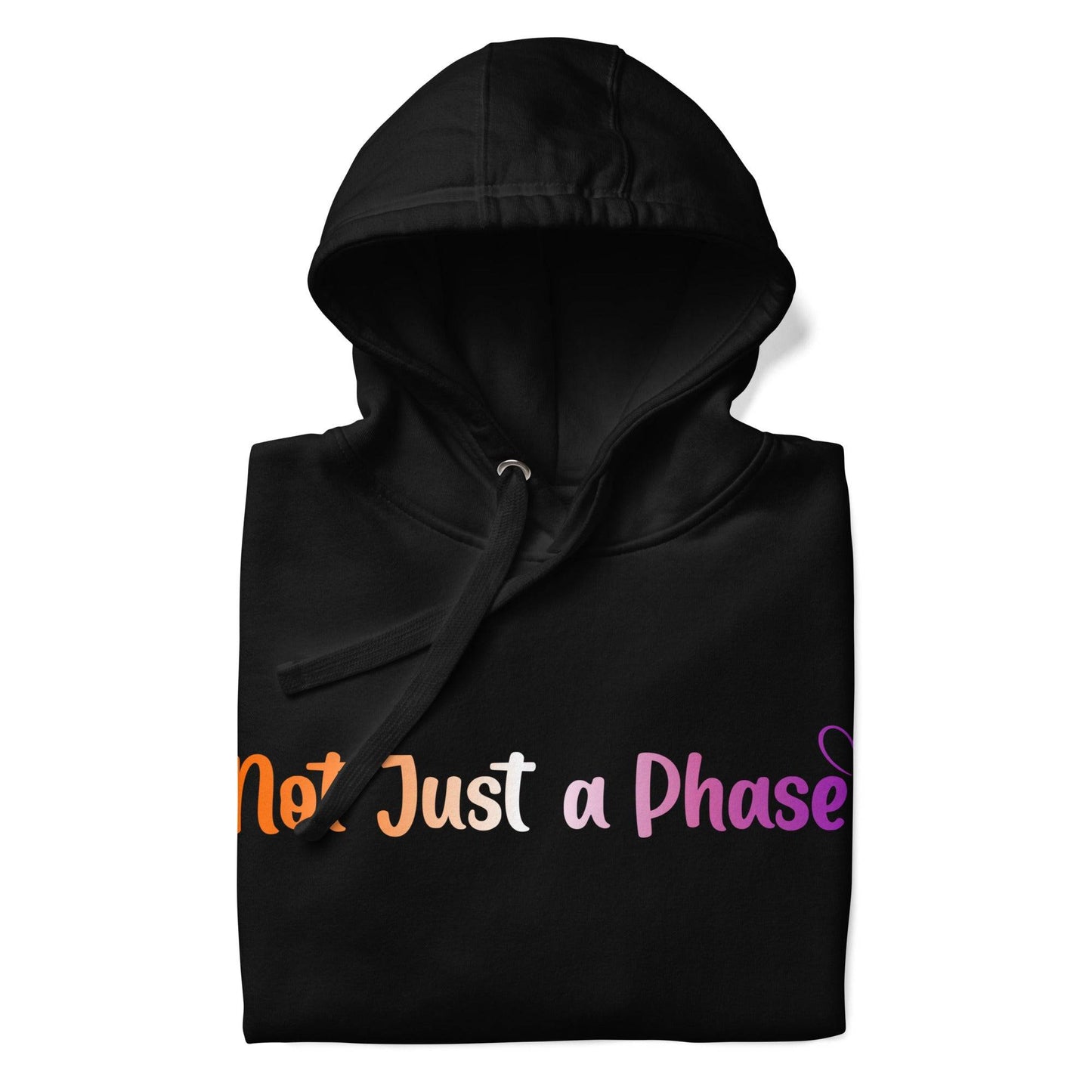 The Pridelity "Not Just A Phase" Hoodie is a black hoodie featuring the text "Not Just a Phase" in multicolored letters, finished with a small heart, celebrating pride shirts with its bold design.