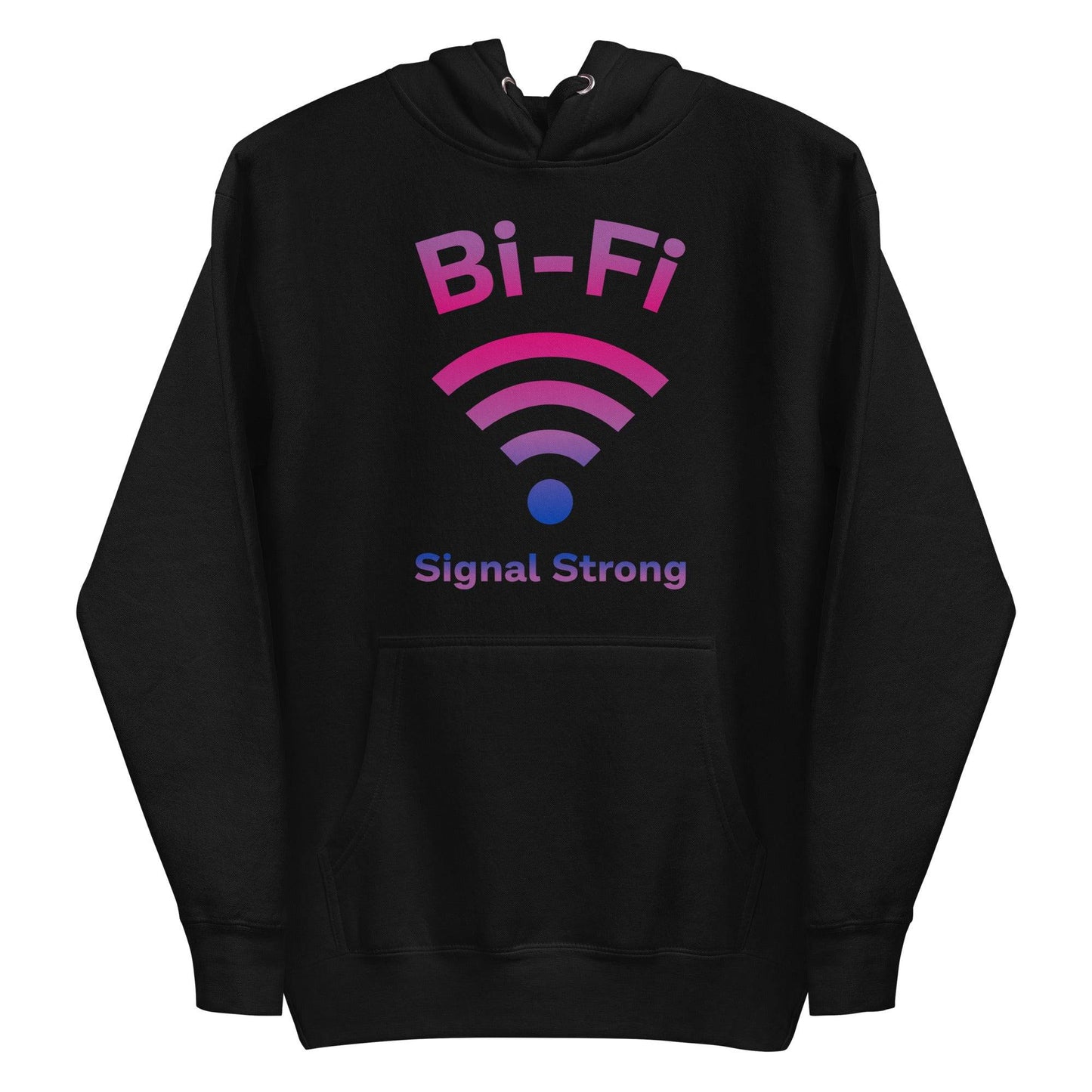 Introducing the Bi-Fi Hoodie by Pridelity, a stylish white hoodie from the Pride Collection. It features "Bi-Fi Signal Strong" in vibrant pink and purple text with a Wi-Fi symbol design—perfect Pride merch to showcase your connection and style.