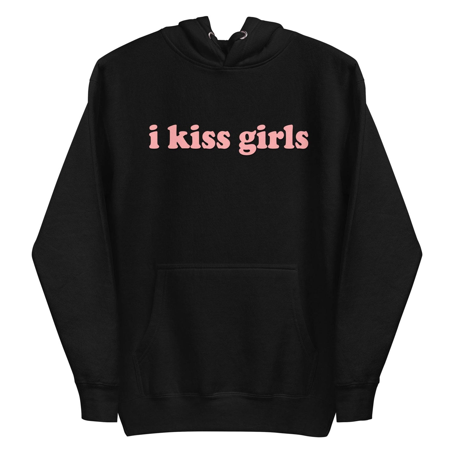 The "I Kiss Girls" Hoodie by Pridelity is a pride celebration in dusty rose, featuring bold, light pink lettering on the front, along with a convenient front pocket and drawstring hood.