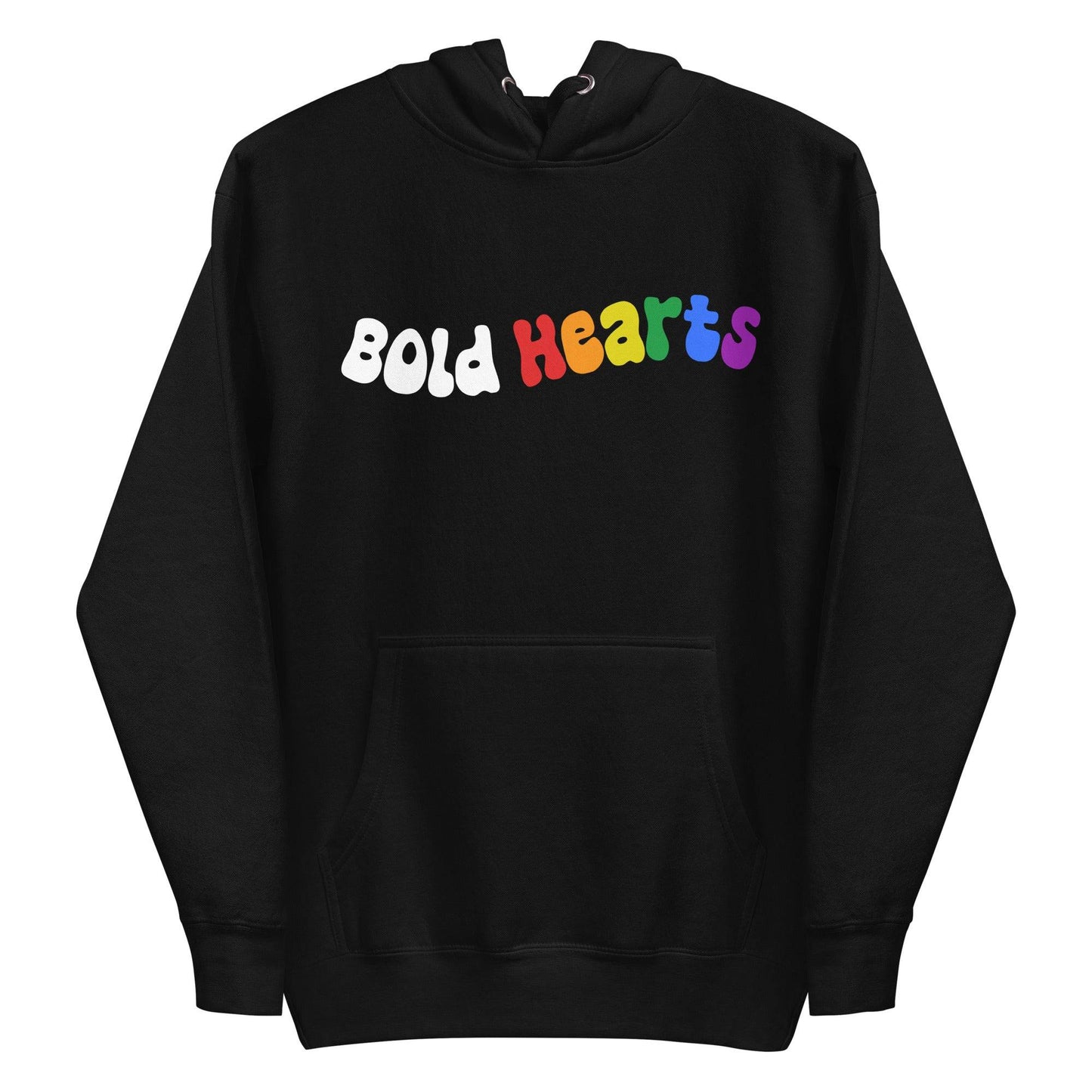 The Bold Hearts Hoodie from Pridelity is a black garment showcasing the words "Bold Hearts" on the front in a playful, wavy font to celebrate Pride. "Bold" stands out in white, while "Hearts" captivates with a vibrant rainbow gradient. This stylish piece of Pride merchandise includes a front pocket and drawstring hood for extra comfort.