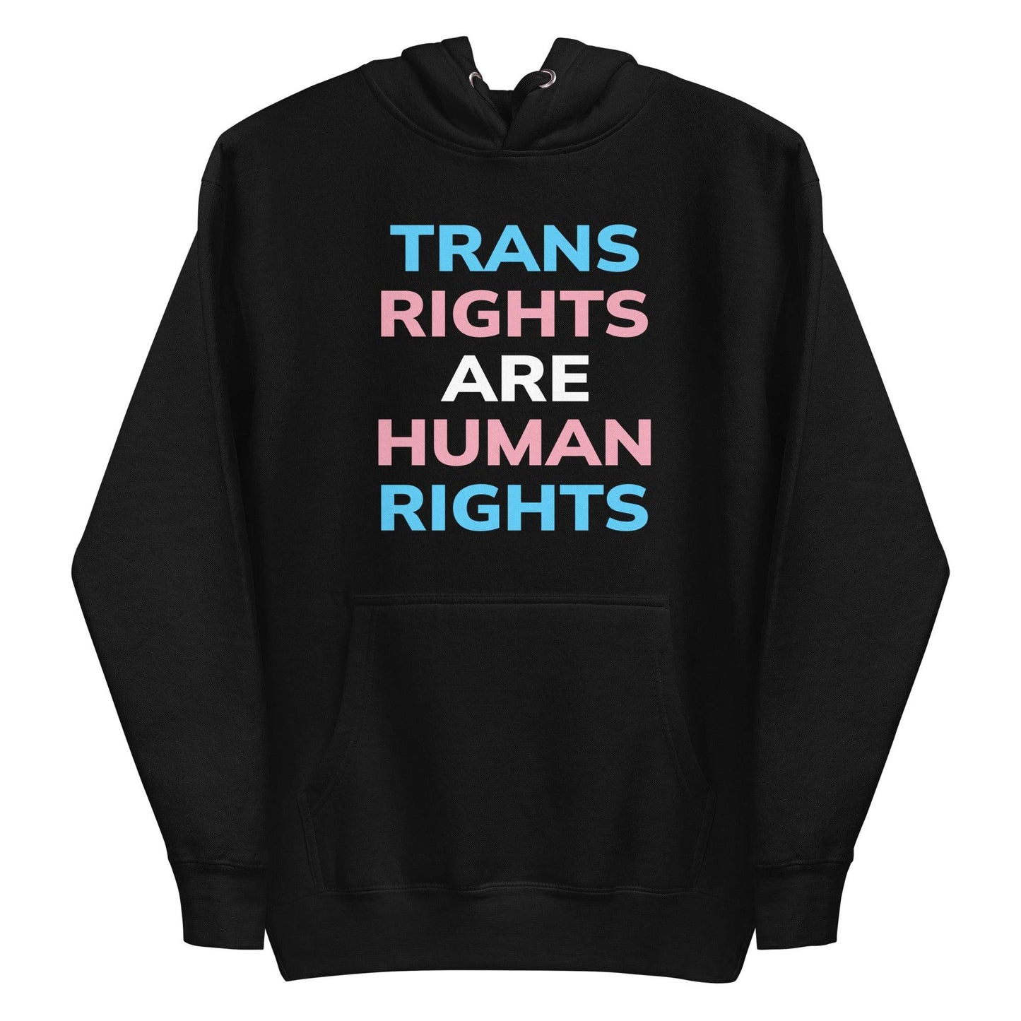 Introducing the Trans Rights Hoodie from Pridelity's pride collection—this navy blazer hoodie prominently showcases the phrase "TRANS RIGHTS ARE HUMAN RIGHTS" in bold, alternating hues of blue, pink, and white, celebrating LGBTQ+ rights.