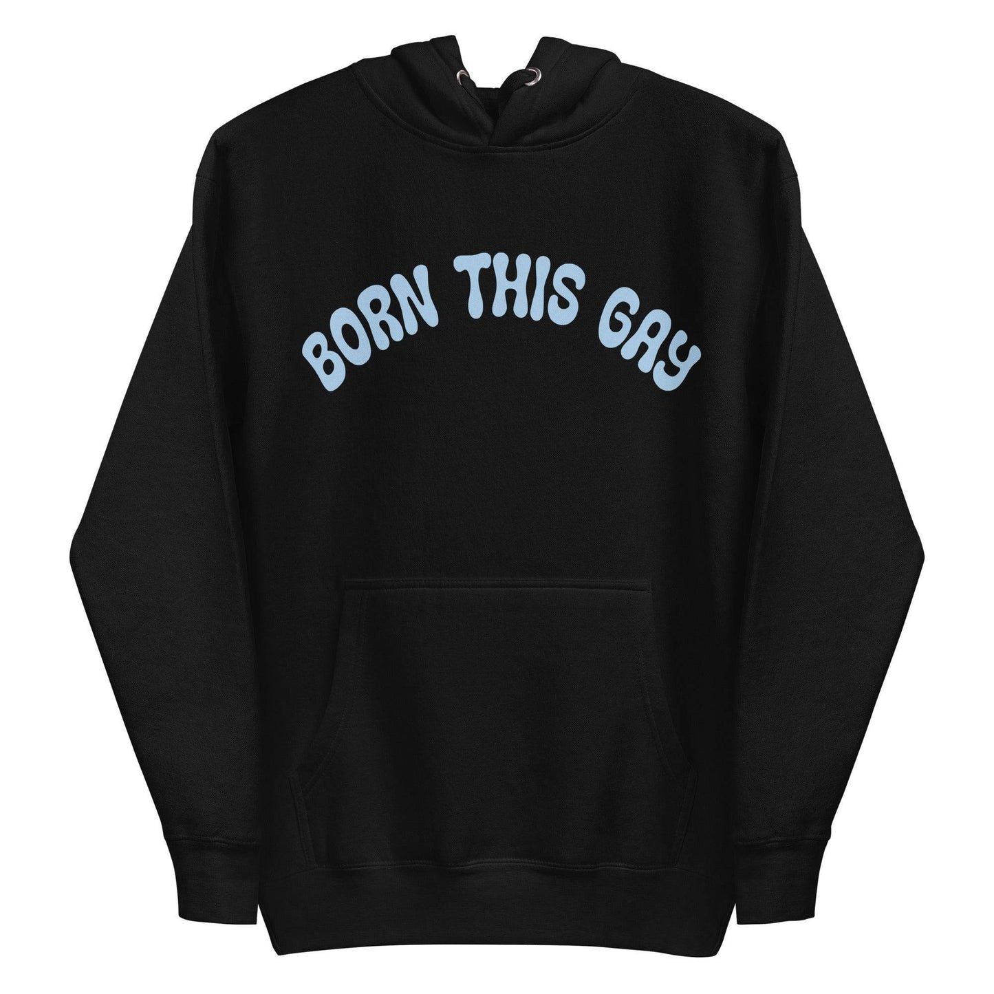This navy blazer hoodie from Pridelity's Pride Collection prominently features "BORN THIS GAY" in light blue across the chest, complete with a convenient front pocket and a cozy drawstring hood, making it an essential piece of Pride Merch.