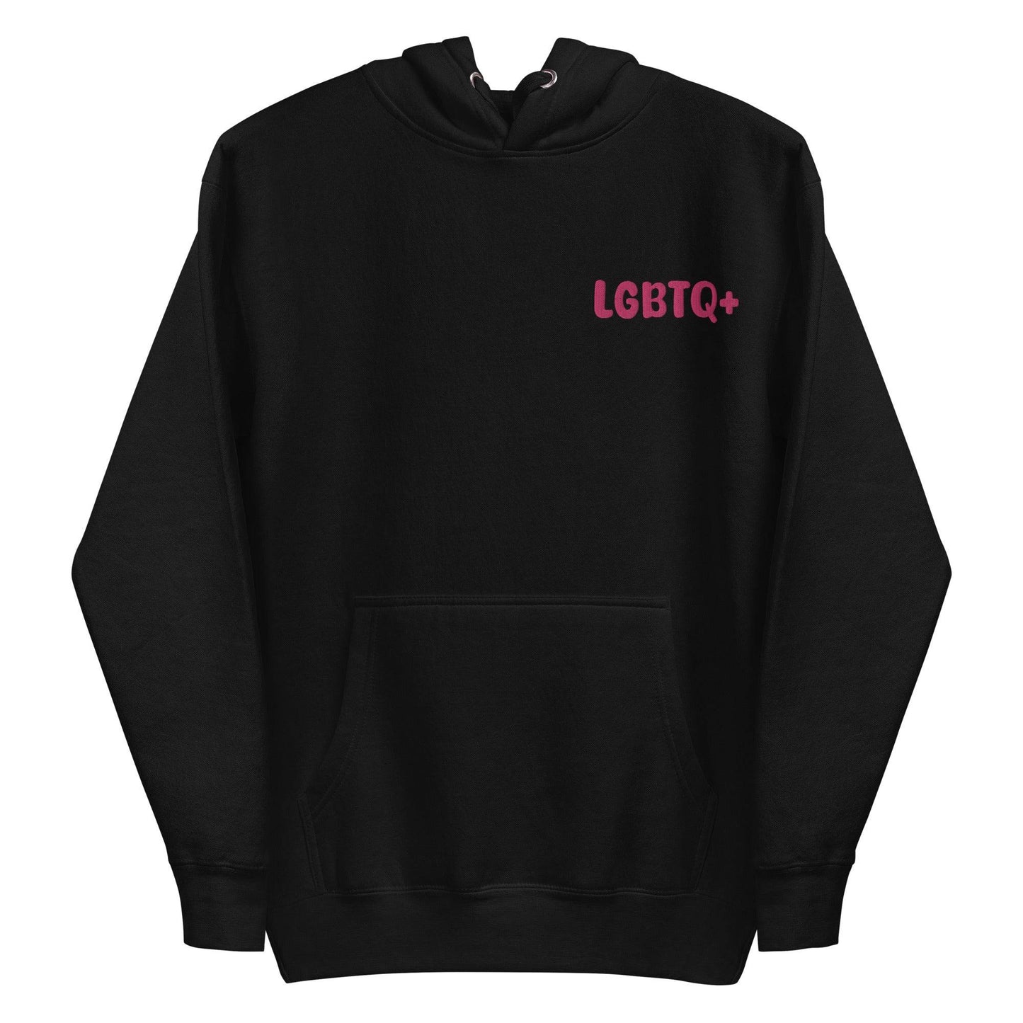 Introducing the Pridelity LGBTQ+ Hoodie in white, showcasing a small red "LGBTQ+" print on the left chest. This pride hoodie combines comfort and style, featuring a front pocket and drawstrings for those wishing to express their support with understated elegance.