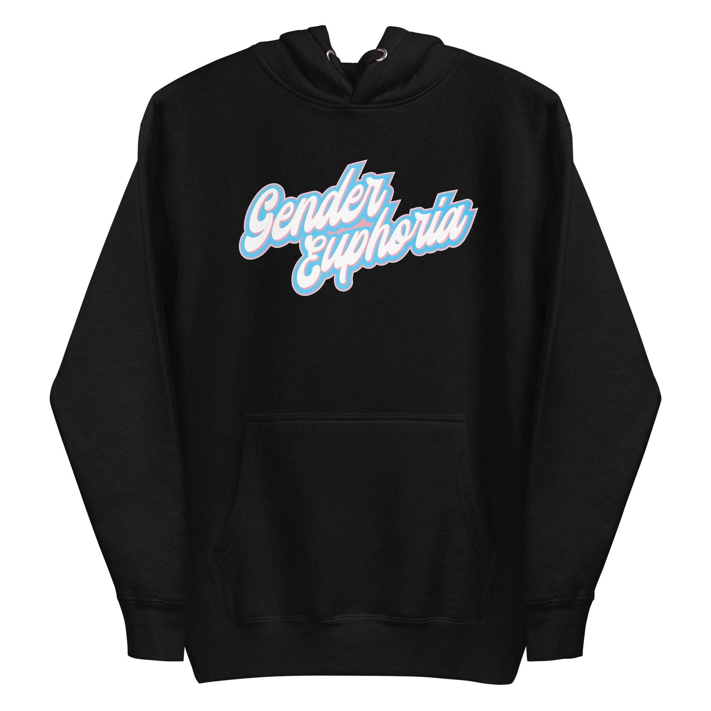 Introducing the Pridelity Gender Euphoria Hoodie, a stylish white piece adorned with "Gender Euphoria" in elegant blue and pink script across the chest. It features a front pocket and adjustable hood drawstrings for added comfort.