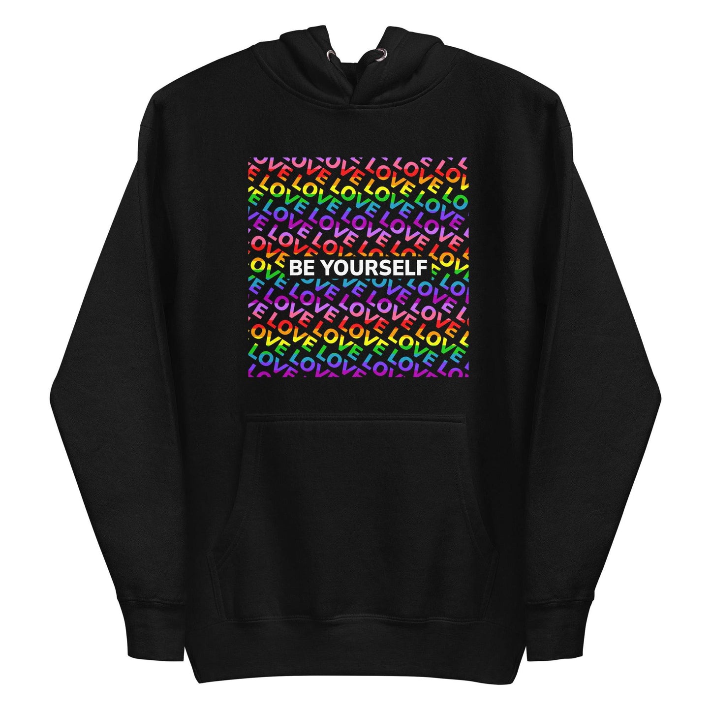 Introducing the Be Yourself Hoodie by Pridelity: a black hoodie adorned with a vibrant square pattern and the uplifting message "LOVE YOURSELF" in rainbow colors repeated inside. This striking piece of Pride merch is sure to stand out, making it an ideal addition to any Pride collection with its emphasis on positivity.