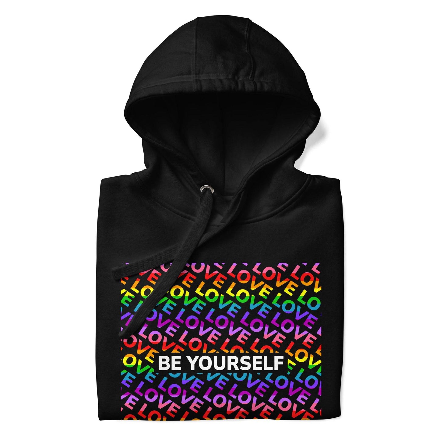 Introducing the Be Yourself Hoodie by Pridelity: a black hoodie adorned with a vibrant square pattern and the uplifting message "LOVE YOURSELF" in rainbow colors repeated inside. This striking piece of Pride merch is sure to stand out, making it an ideal addition to any Pride collection with its emphasis on positivity.