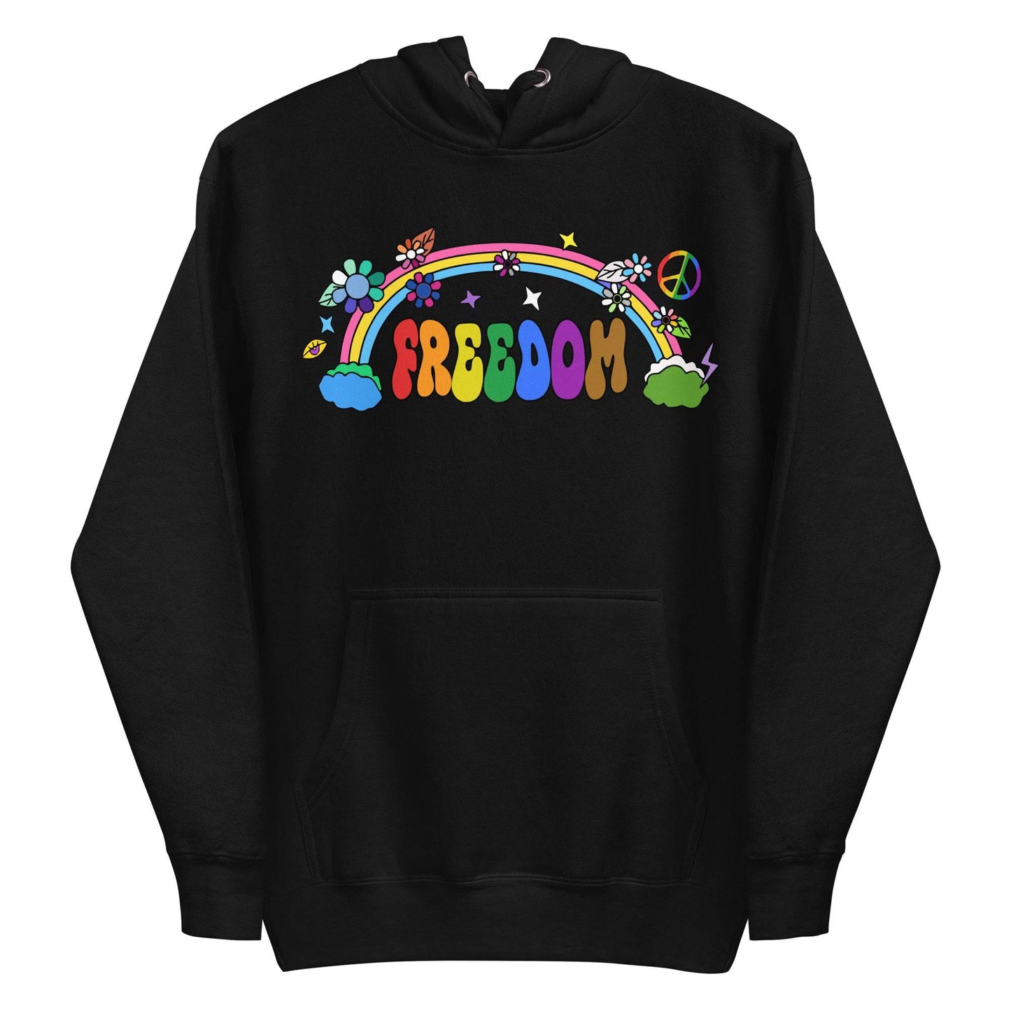 A folded dusty rose Freedom Hoodie from Pridelity features a vibrant design with "Freedom" in rainbow letters. It's adorned with flowers, stars, a rainbow, and a peace symbol, all in a playful retro style.