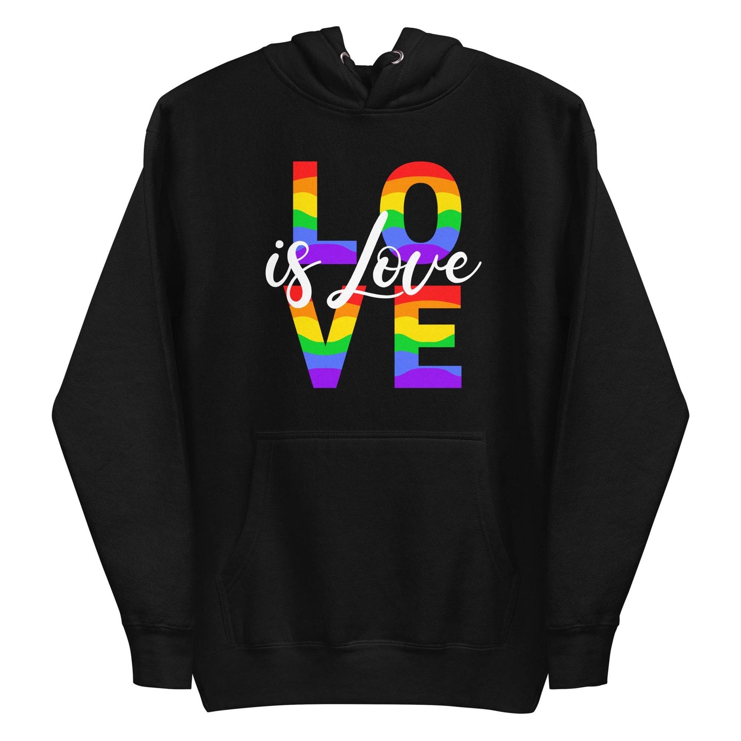 Pridelity introduces the Love Hoodie, a stylish black garment that celebrates pride. It showcases "LOVE is Love" on the front, with "LOVE" adorned in a vibrant rainbow pattern and "is Love" elegantly scripted in white cursive. Designed for both comfort and style, this pride hoodie includes a kangaroo pocket and drawstrings.