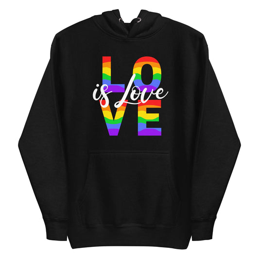 Pridelity introduces the Love Hoodie, a stylish black garment that celebrates pride. It showcases "LOVE is Love" on the front, with "LOVE" adorned in a vibrant rainbow pattern and "is Love" elegantly scripted in white cursive. Designed for both comfort and style, this pride hoodie includes a kangaroo pocket and drawstrings.