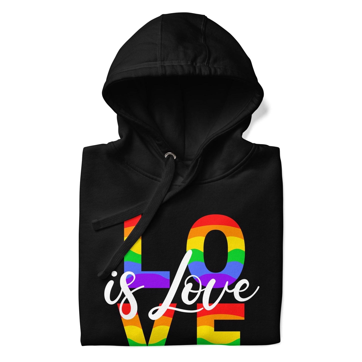 Pridelity introduces the Love Hoodie, a stylish black garment that celebrates pride. It showcases "LOVE is Love" on the front, with "LOVE" adorned in a vibrant rainbow pattern and "is Love" elegantly scripted in white cursive. Designed for both comfort and style, this pride hoodie includes a kangaroo pocket and drawstrings.