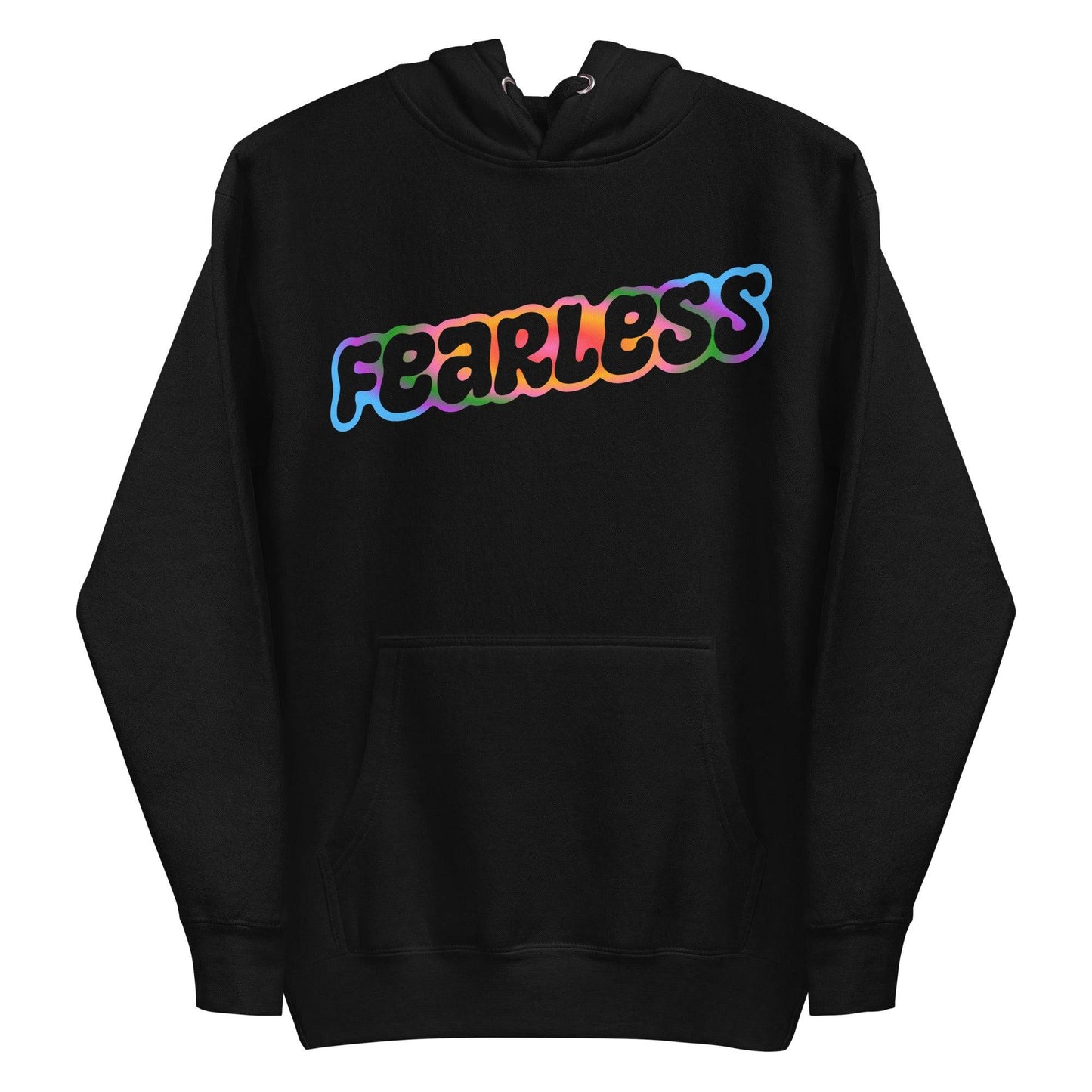 The Pridelity Fearless Hoodie showcases the word "Fearless" in lively, colorful bubble-like letters across the chest, incorporating shades of red, purple, and blue for a playful and vibrant appearance. This white hoodie also includes a front pocket and a drawstring hood.