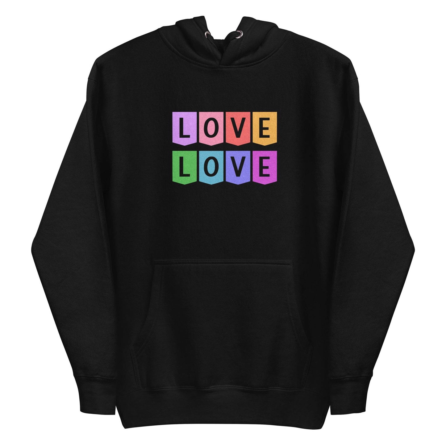 The Pridelity Love Love Hoodie is a white hoodie showcasing a colorful block design on the chest, with the word "LOVE" written twice and each letter featured in its own square. The vibrant colors—pink, purple, orange, green, and blue—make it an ideal addition to your pride shirts collection. It also includes a front pocket and drawstring hood for added comfort and style.