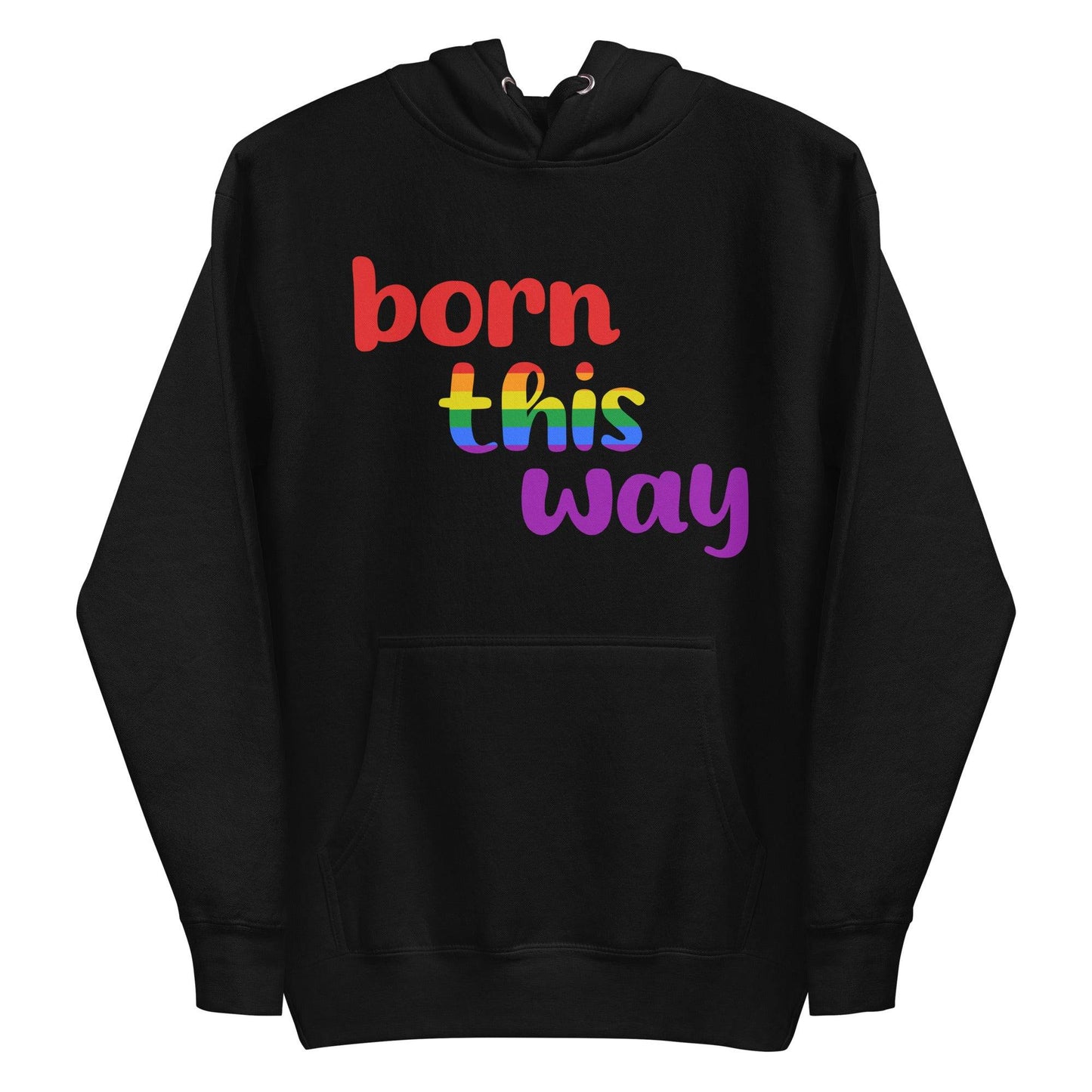 The Born This Way Hoodie by Pridelity is a standout piece in our Pride Merch. It features bold lettering on the front, with "born" in striking red, "this" showcasing a vibrant rainbow gradient, and "way" in deep purple against its black fabric. This hoodie is perfect for expressing your individuality while supporting Pride Collections.