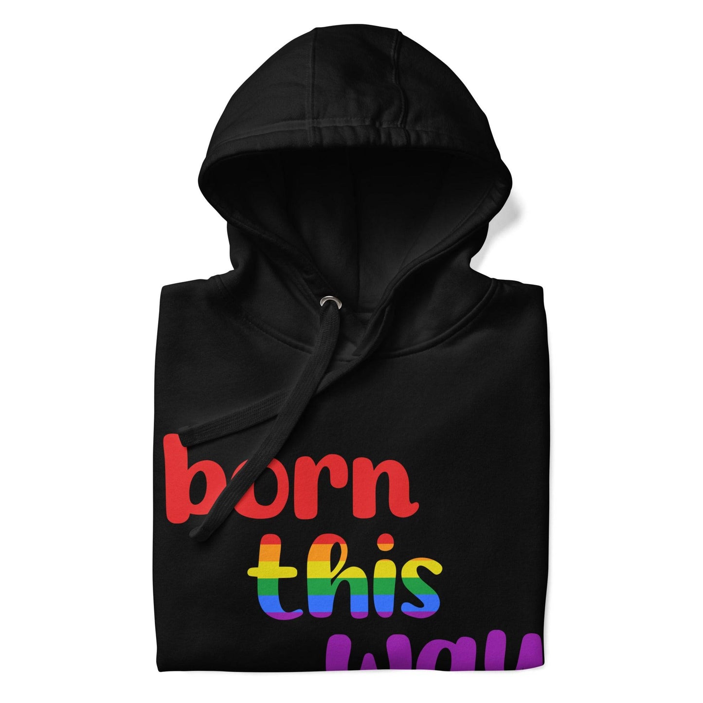 The Born This Way Hoodie by Pridelity is a standout piece in our Pride Merch. It features bold lettering on the front, with "born" in striking red, "this" showcasing a vibrant rainbow gradient, and "way" in deep purple against its black fabric. This hoodie is perfect for expressing your individuality while supporting Pride Collections.