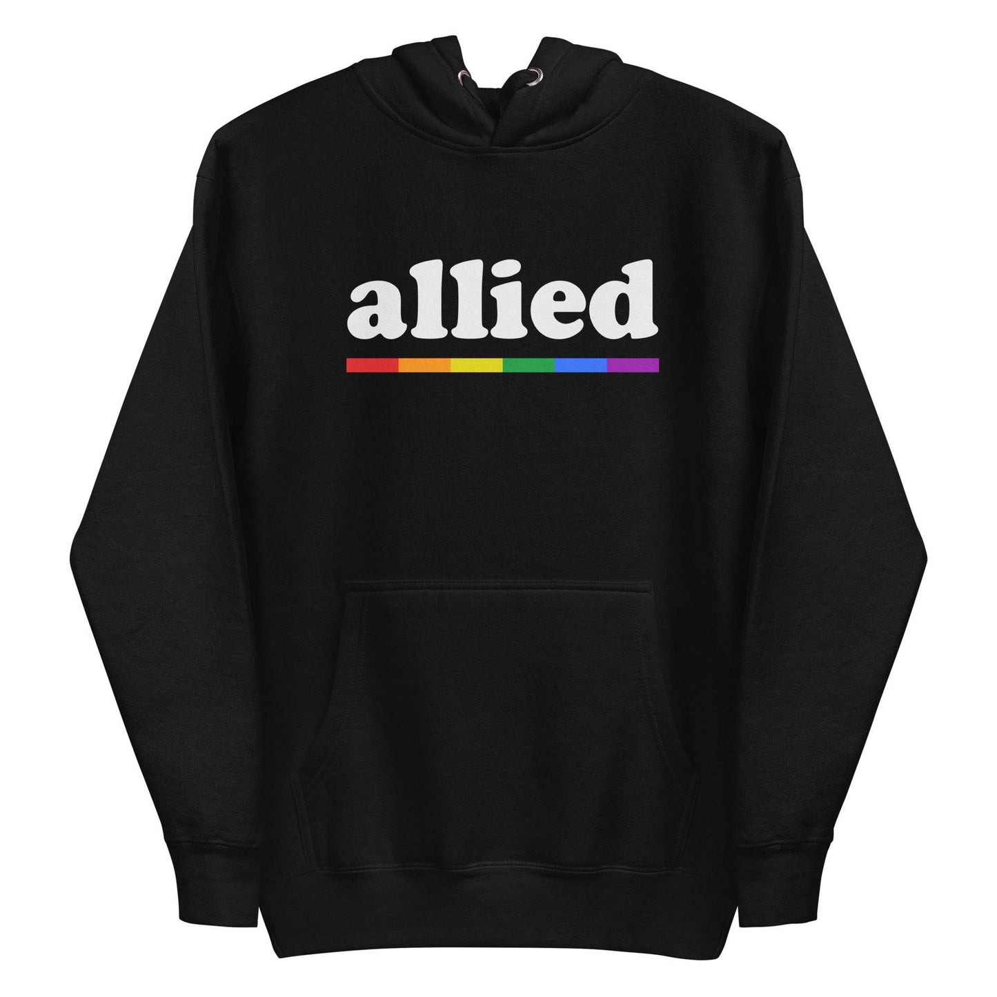 Introducing the Allied Hoodie by Pridelity: a black hoodie that showcases the word "allied" in white text above a striking rainbow stripe, making it a standout piece from our Pride Collections.