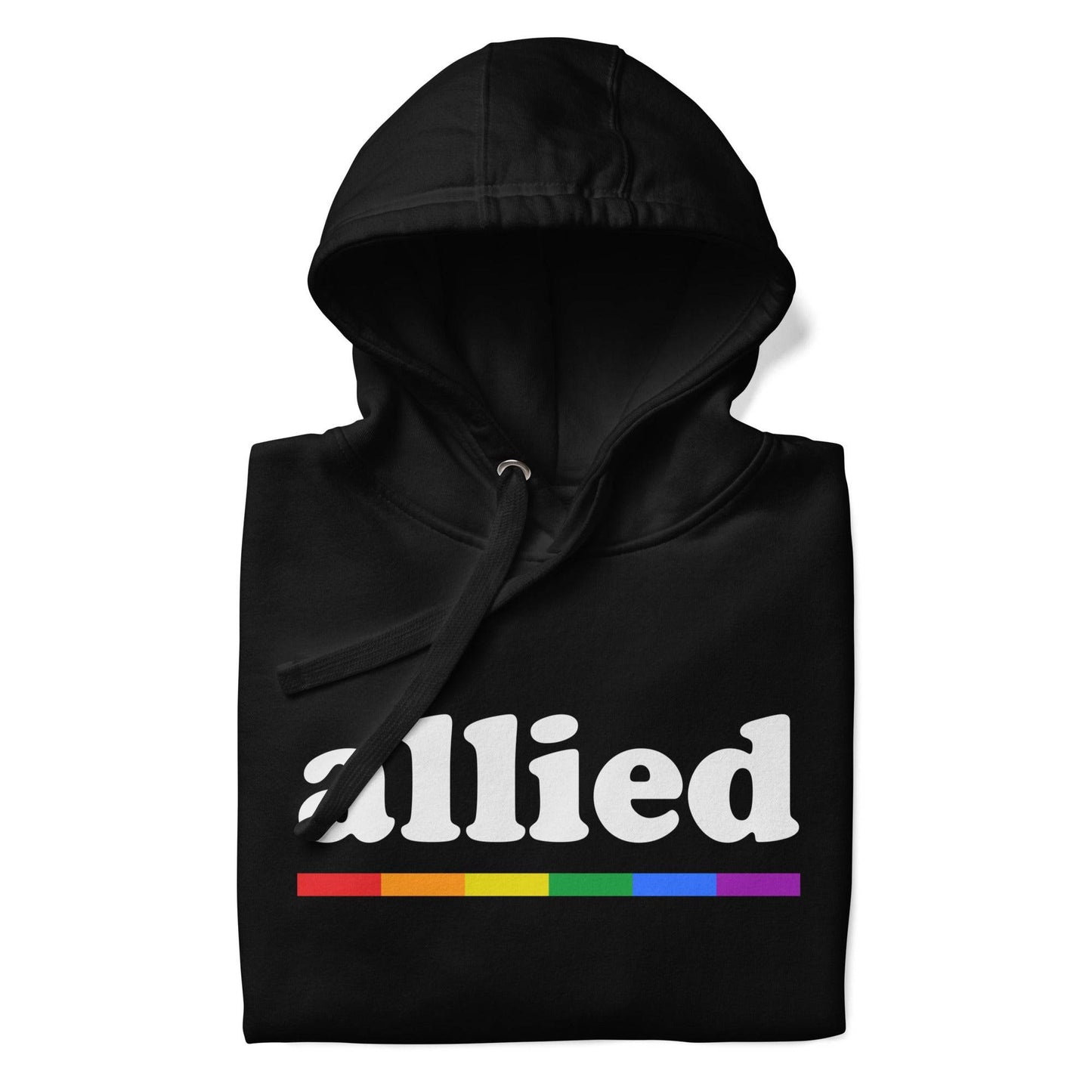 Introducing the Allied Hoodie by Pridelity: a black hoodie that showcases the word "allied" in white text above a striking rainbow stripe, making it a standout piece from our Pride Collections.