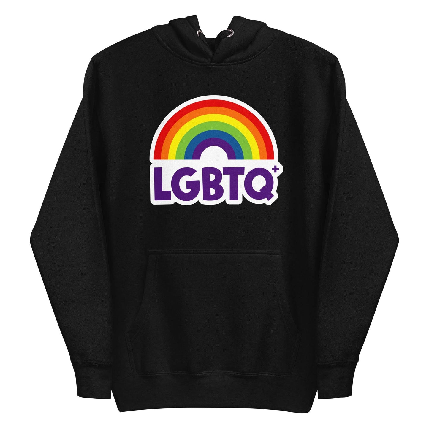 The Pridelity LGBTQ+ Hoodie, with its vibrant purple hue, showcases a rainbow design above the "LGBTQ+" text on the front. Perfect for pride enthusiasts, it includes a spacious front pocket and a hood equipped with drawstrings.