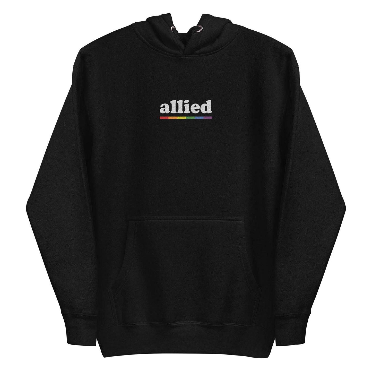 The Allied Hoodie by Pridelity is a black hoodie adorned with the word "allied" in white text across the chest, accompanied by a vibrant horizontal rainbow stripe below. This piece of Pride Merch features a front pocket and a drawstring hood, effortlessly combining comfort with meaningful expression.