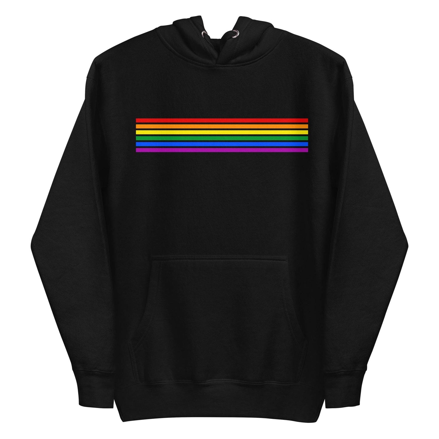 Presenting the Rainbow Stripes Hoodie from Pridelity: This black hoodie boasts a striking horizontal rainbow stripe across the chest, highlighting vibrant hues such as red, orange, yellow, green, blue, and purple. Created to honor the LGBTQ+ community, it also features a front pocket and adjustable drawstrings for comfort and style.