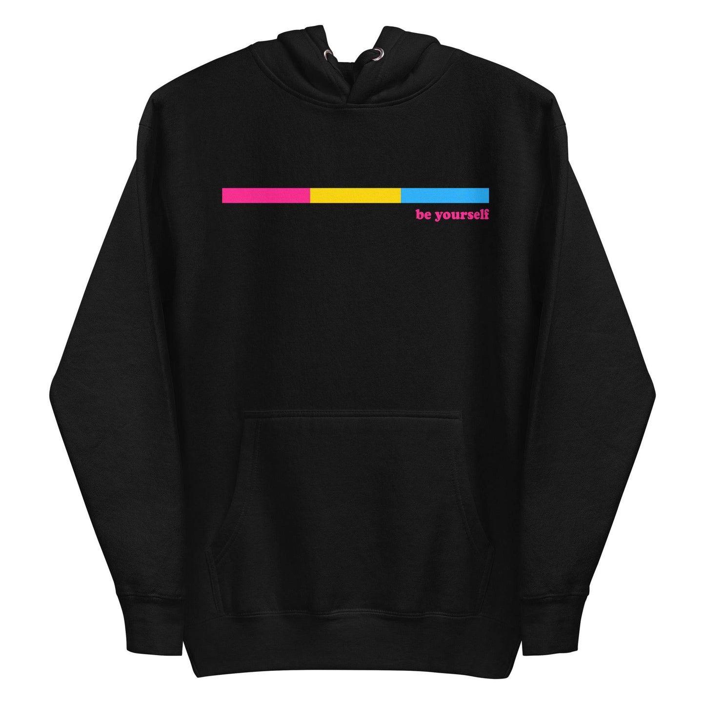 Celebrate your individuality with Pridelity's Pansexual Hoodie in black, showcasing a sleek and minimalist design. It features a striking horizontal bar in magenta, yellow, and blue, accompanied by the empowering text "be yourself" in pink—making it not just an item of clothing, but a bold statement.