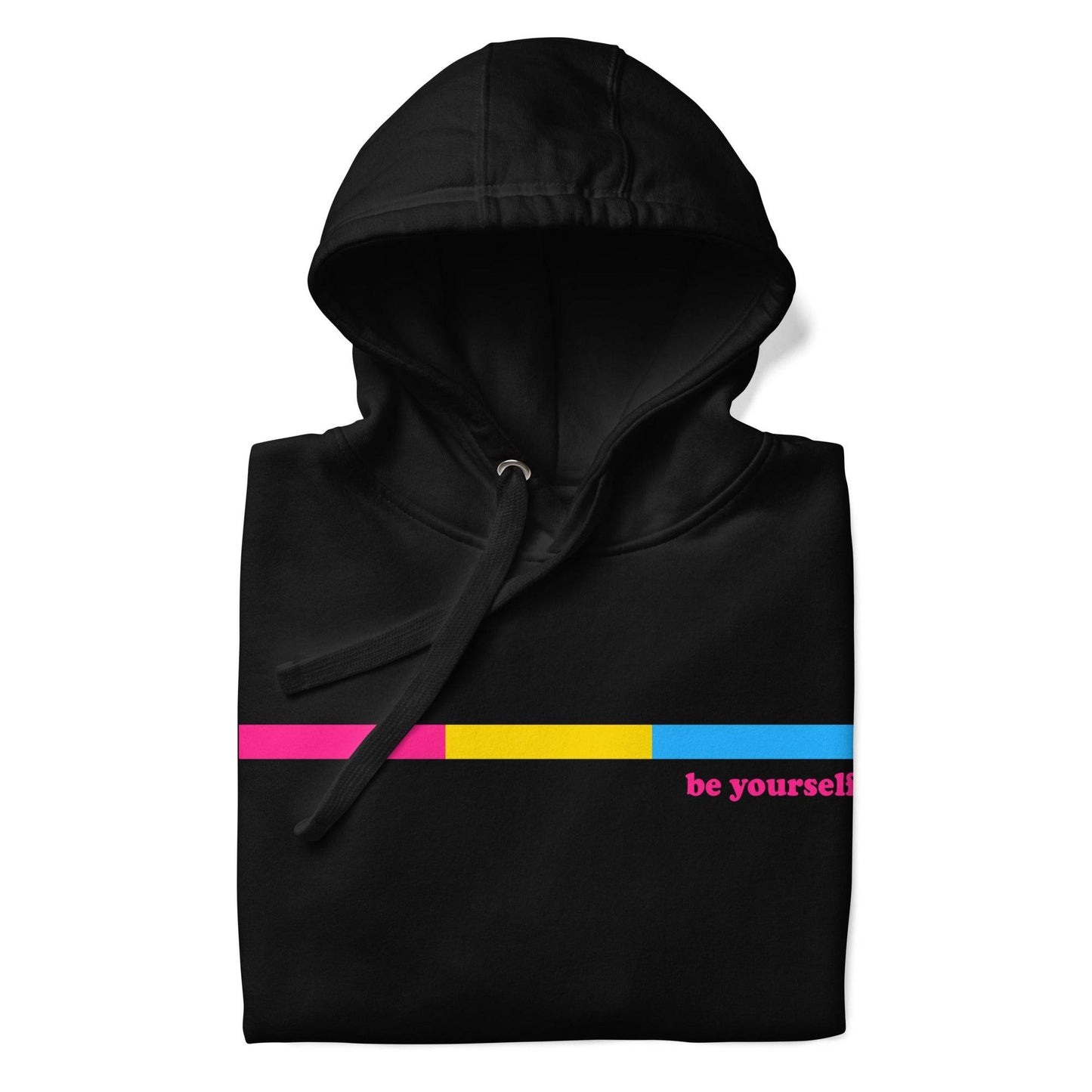 Celebrate your individuality with Pridelity's Pansexual Hoodie in black, showcasing a sleek and minimalist design. It features a striking horizontal bar in magenta, yellow, and blue, accompanied by the empowering text "be yourself" in pink—making it not just an item of clothing, but a bold statement.