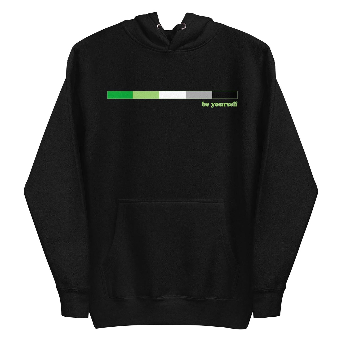 Introducing the Aromantic Hoodie from Pridelity's Pride Merch collection. This black hoodie showcases a rectangular progress bar design in shades of green and white, with "be yourself" elegantly placed on the upper right. Featuring a large front pocket and a drawstring hood, it's perfect for expressing your true colors.
