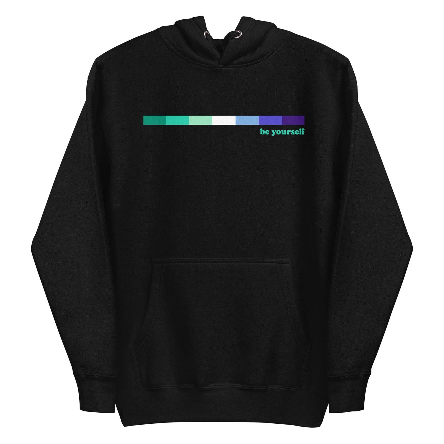 The Pridelity Gay Men Hoodie in Navy Blazer showcases a series of horizontal color blocks in shades of green, blue, and teal. The phrase "be yourself" is elegantly printed in light green on the right side of the color blocks. This hoodie also features a handy front pocket for added convenience.