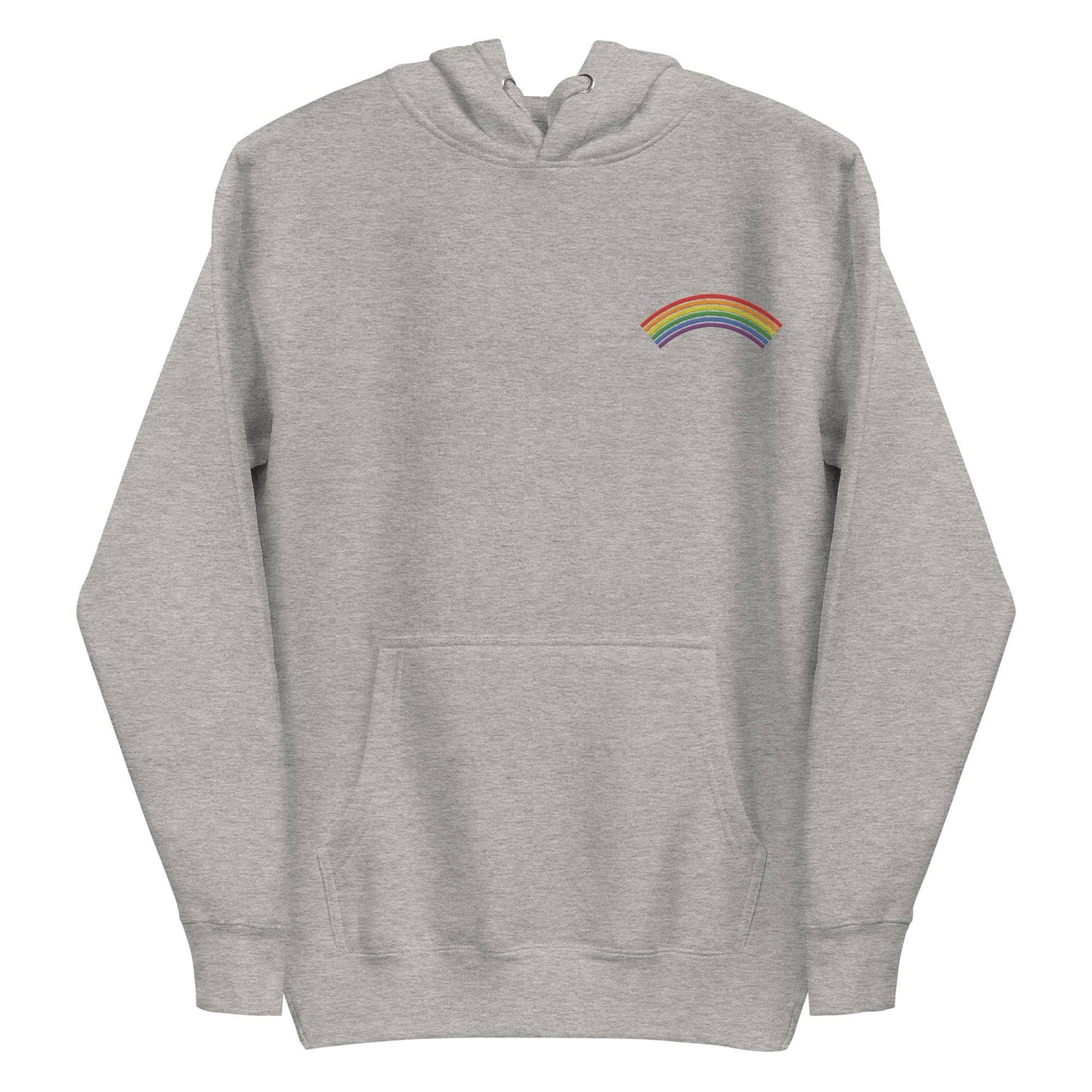 Introducing Pridelity's Rainbow Hoodie, a standout piece from the pride collection. This white hoodie showcases a subtle rainbow design on the upper left chest. It features a front pocket and drawstrings at the hood, perfectly capturing a minimalist style while honoring LGBTQ+ pride.