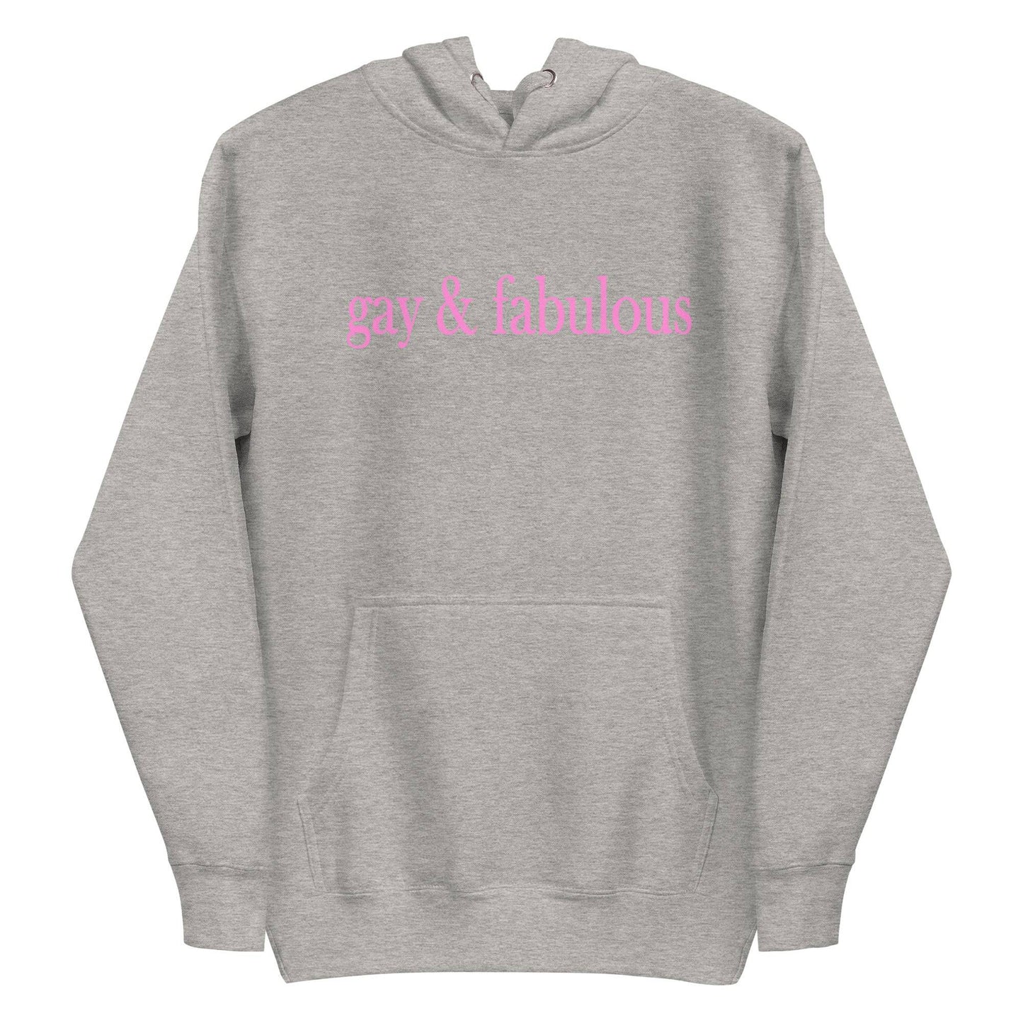 Introducing the Pridelity "Gay & Fabulous" Hoodie in maroon, featuring a front pocket and the phrase "gay & fabulous" prominently displayed in pink across the chest.