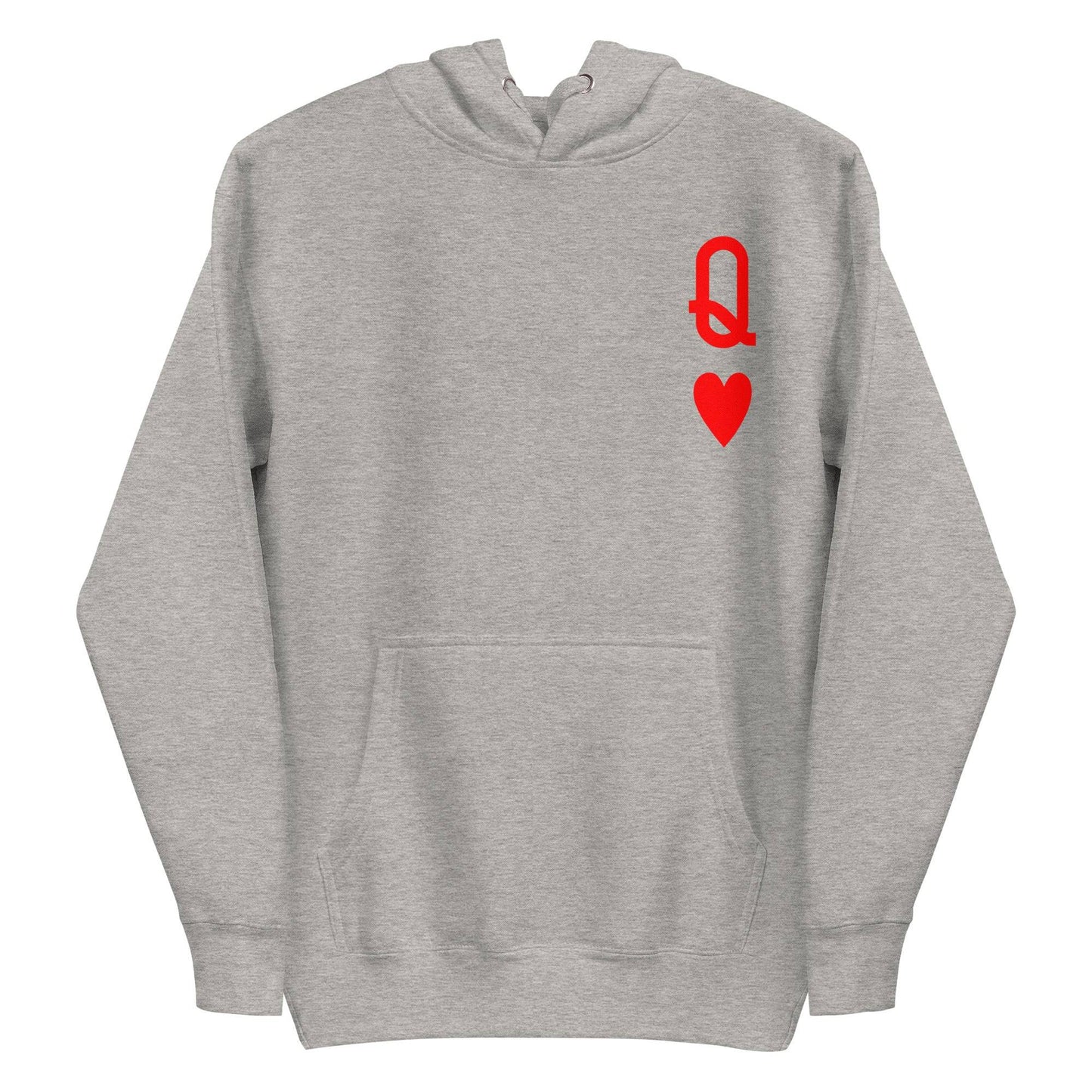 Presenting the Queen of Hearts Hoodie by Pridelity: a white hoodie adorned with a red "Q" topped with a crown-like loop and a red heart below it on the chest, capturing the essence of a playing card. As part of our Pride Collection, this cozy garment celebrates LGBTQ+ identity, complete with a front pocket and drawstring hood.