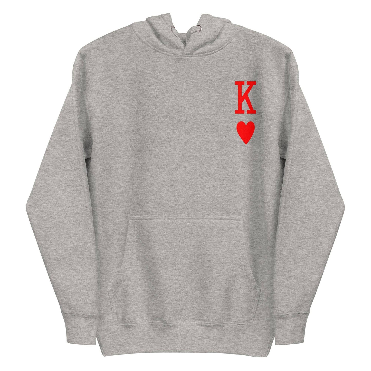 White King of Hearts Hoodie by Pridelity, adorned with a red "K" and heart symbol on the upper left side, reminiscent of a playing card design. Ideal for individuals who appreciate distinctive pride apparel with a timeless touch.