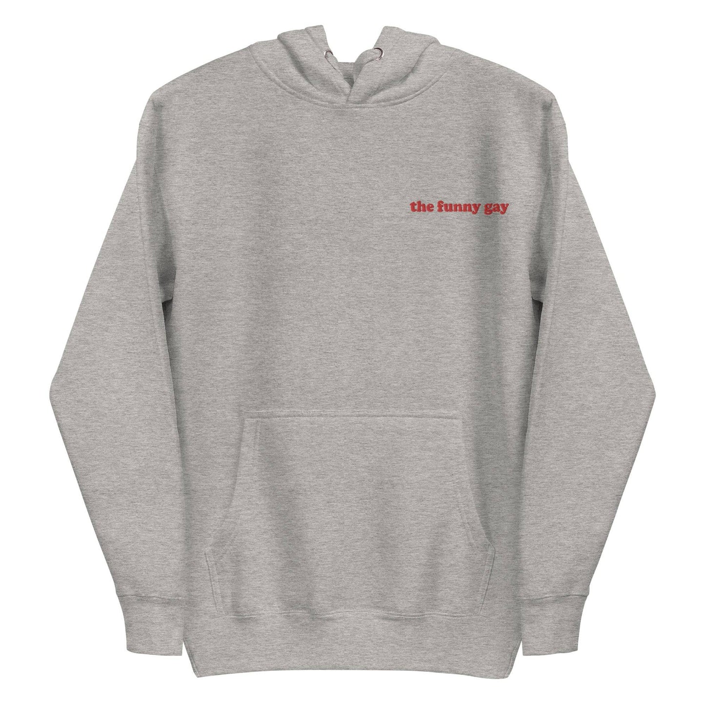 Introducing The Funny Gay Hoodie from Pridelity's pride collection – this black hoodie boasts a convenient front pocket and showcases the phrase "the funny gay" elegantly embroidered in small red letters on the upper left side. Celebrate your style with a nod to LGBTQ+ pride.