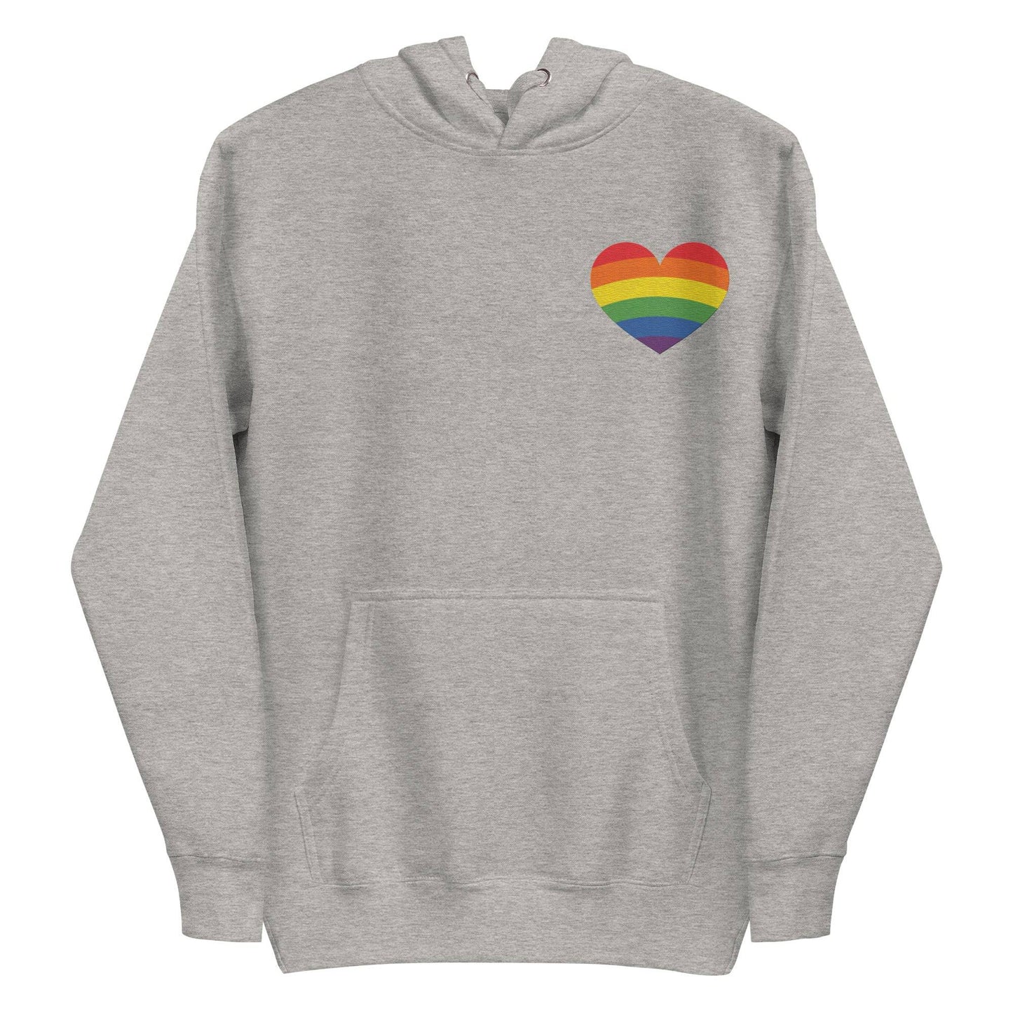 The Rainbow Heart Hoodie by Pridelity, in black, showcases a rainbow-striped heart on the left chest to celebrate LGBTQ+ pride.