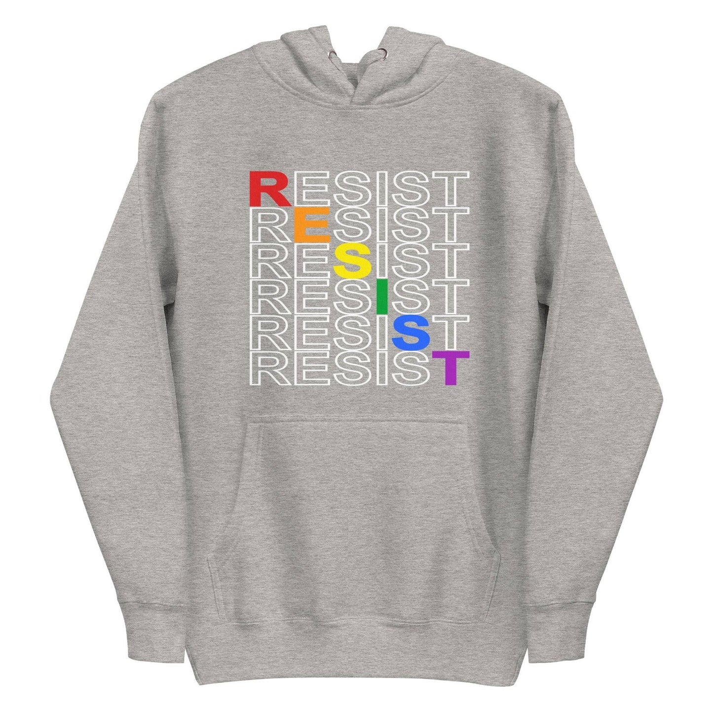 Pridelity's Resist Hoodie from the pride collection is black and showcases the word "RESIST" in white, repeated with a slight shift. Each letter in "RESIST" is adorned in vibrant LGBTQ+ colors: red, orange, yellow, green, blue, and purple.