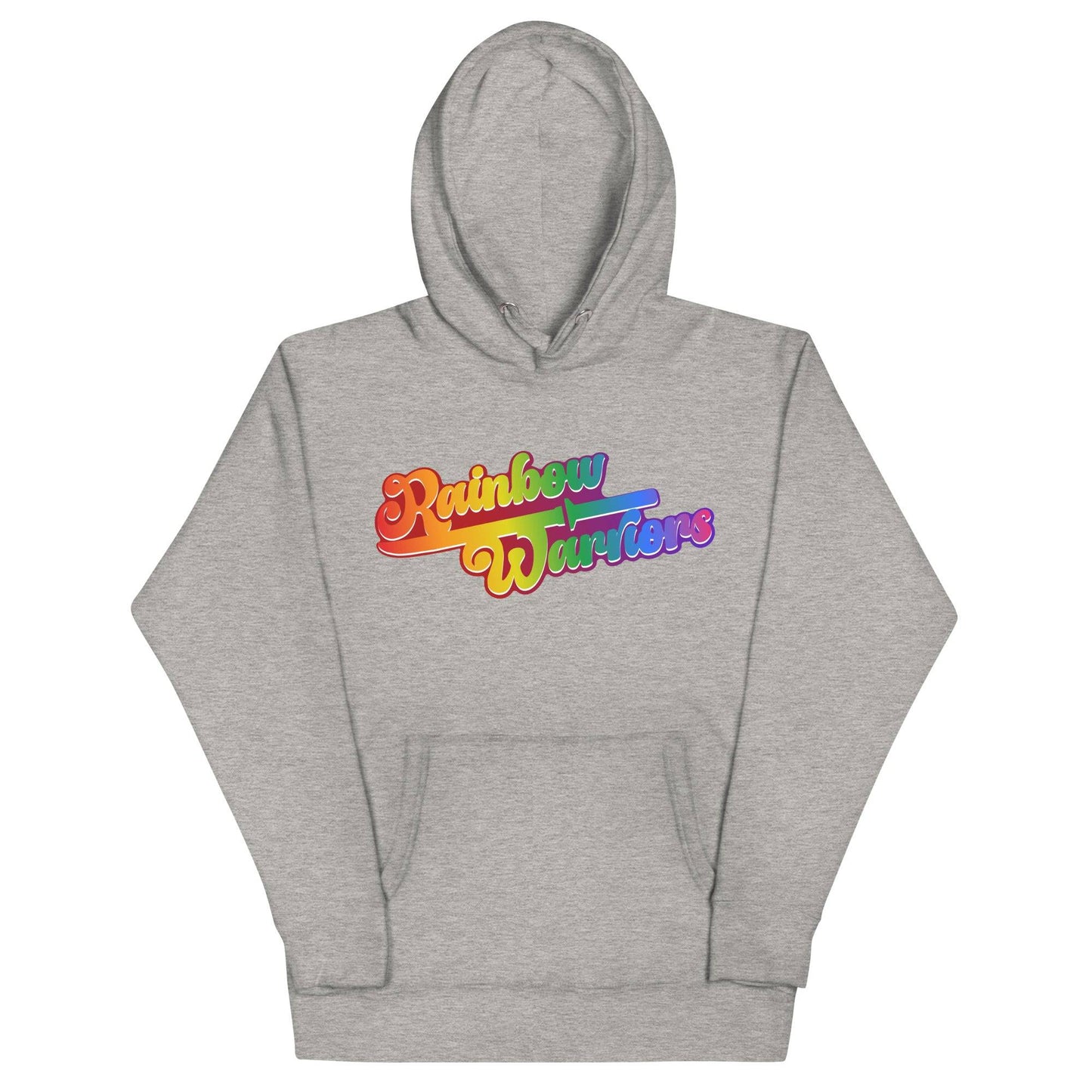The Rainbow Warriors Hoodie from Pridelity is a white hoodie featuring the phrase "Rainbow Warriors" in vibrant, gradient text. As part of our pride collection, it showcases a retro style with a blend of orange, yellow, green, blue, and purple tones. This LGBTQ+ tribute hoodie comes neatly folded for your convenience.