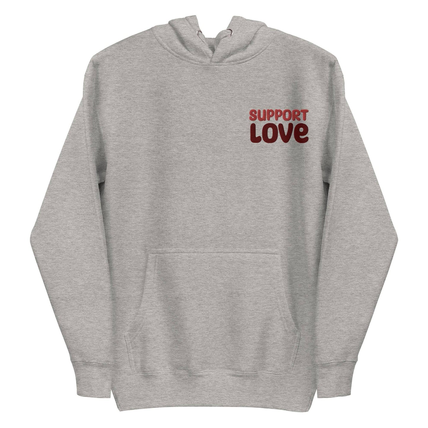 Introducing the "Support Love Hoodie" from Pridelity's pride collection. This LGBTQ+ friendly design in dusty rose boasts "Support Love" printed in dark red on the left chest area. Featuring a stylish front pocket and drawstrings, it beautifully marries fashion with a message of unity and acceptance.