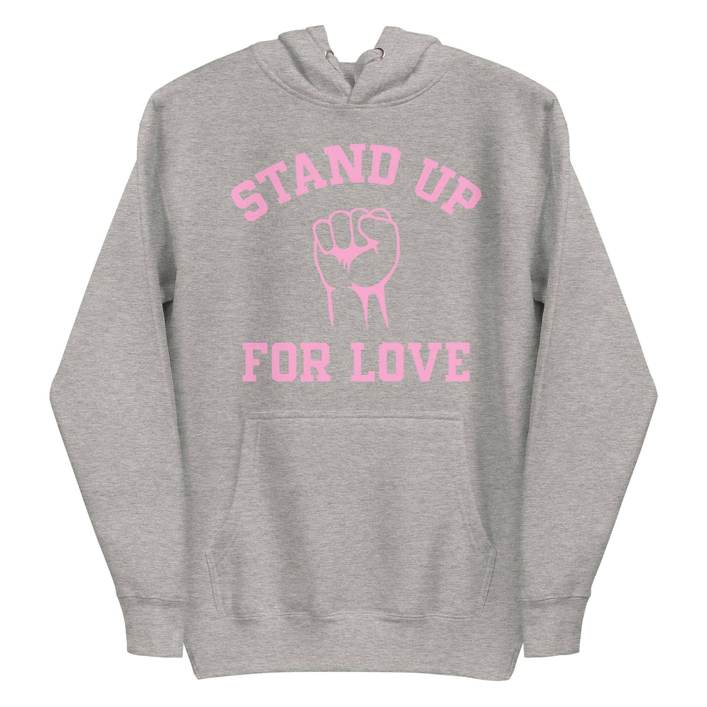 Check out the Stand Up Hoodie by Pridelity, a purple piece from our pride collection, adorned with "Stand Up For Love" in pink and a central raised fist graphic, celebrating LGBTQ+ solidarity.