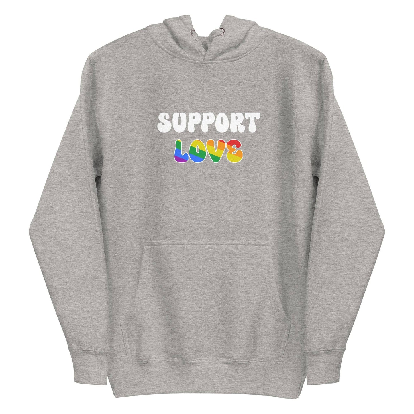 Introducing the "Support Love Hoodie" by Pridelity. This gray hoodie is from our Pride Collection and showcases "SUPPORT LOVE" prominently on the front, with "LOVE" displayed in vibrant rainbow colors. Complete with a front pocket and a drawstring hood, it's the perfect way to embrace inclusivity and show your support for the LGBTQ+ community.