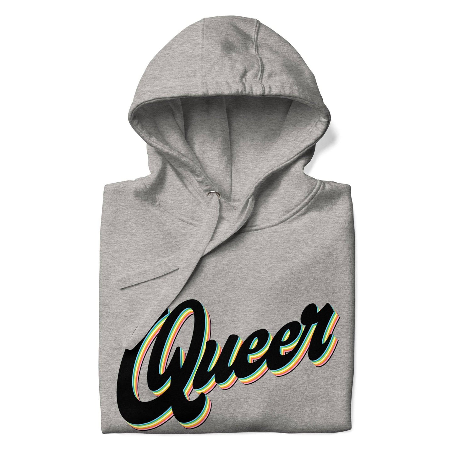 Introducing the Pridelity Queer Hoodie, part of the Pride Collection. This carbon grey hoodie proudly displays "Queer" in bold, multicolored letters with a 3D effect and rainbow accents to celebrate LGBTQ+ spirit. It comes with a front pocket and a hood with drawstrings for added comfort and style.