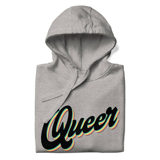 Introducing the Pridelity Queer Hoodie, part of the Pride Collection. This carbon grey hoodie proudly displays "Queer" in bold, multicolored letters with a 3D effect and rainbow accents to celebrate LGBTQ+ spirit. It comes with a front pocket and a hood with drawstrings for added comfort and style.
