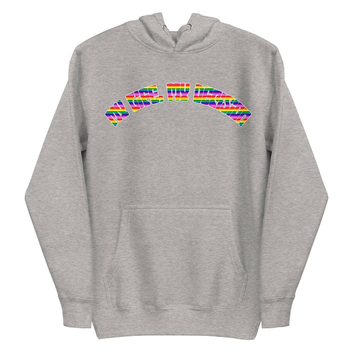The My Life, My Decision Hoodie by Pridelity is a maroon pride hoodie showcasing "NEO HUMAN" elegantly arched across the chest in vibrant rainbow letters. It includes a front pocket and drawstrings at the hood.