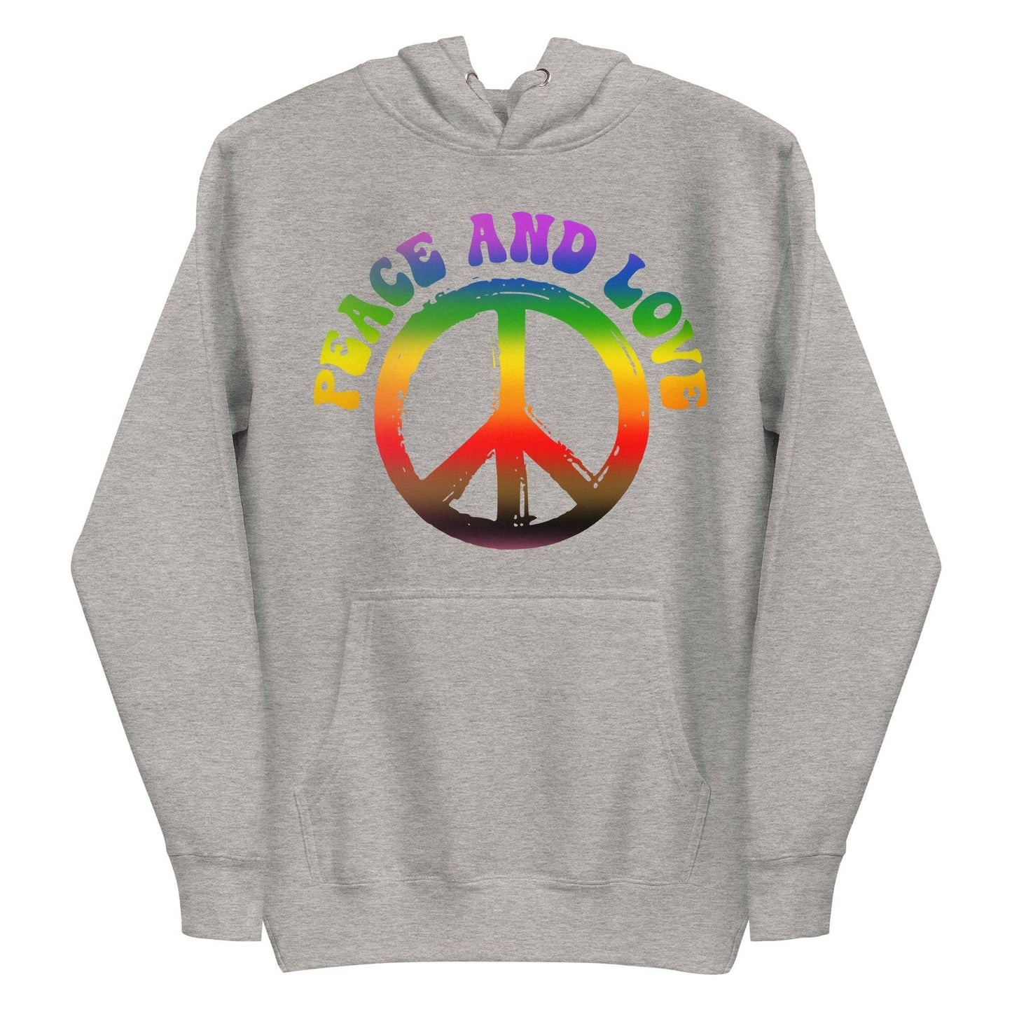 The Peace & Love Hoodie by Pridelity is a white hoodie adorned with a vibrant peace symbol and "Peace and Love" written in rainbow letters, capturing the essence of pride shirts.