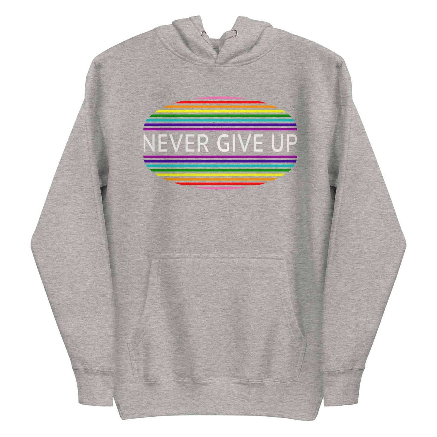 The Never Give Up Hoodie by Pridelity features a black design and showcases the inspiring message "Never Give Up" in white within a vibrant, striped oval on the chest, making it an ideal choice for those who appreciate resilience and take pride in their apparel.