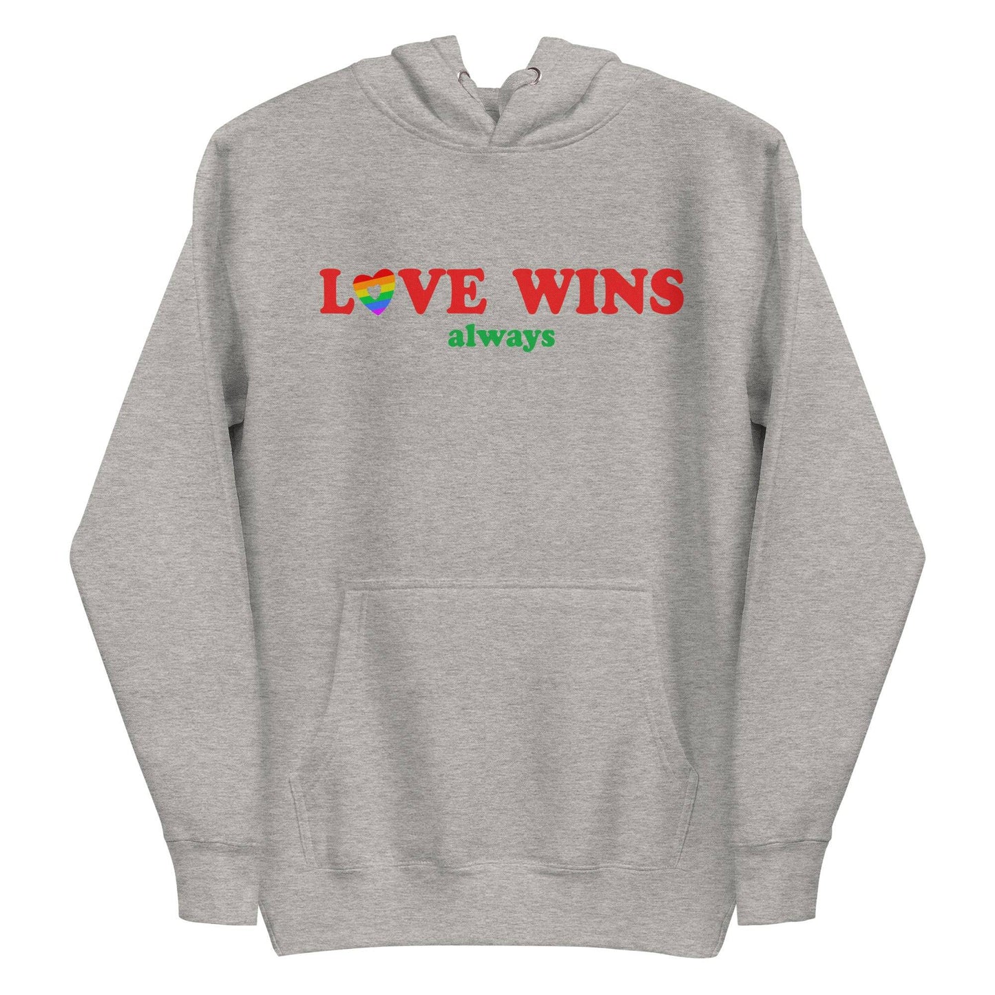 Introducing the Love Wins, Always Hoodie by Pridelity in Team Royal. This cozy garment is perfect for proudly expressing yourself, featuring the phrase "LOVE WINS always" with charming rainbow-colored "O" and "S." Complete with a front pocket and adjustable drawstrings, it offers both comfort and style.