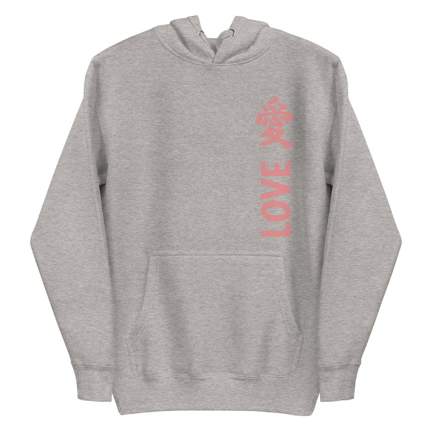 The Love Kanji Hoodie from Pridelity is a black piece featuring the word "LOVE" in pink capital letters running vertically on the front, coupled with a pink stylized Chinese character. This pride-inspired hoodie is designed with a front pocket and drawstring hood, seamlessly blending style with a bold expression of love.