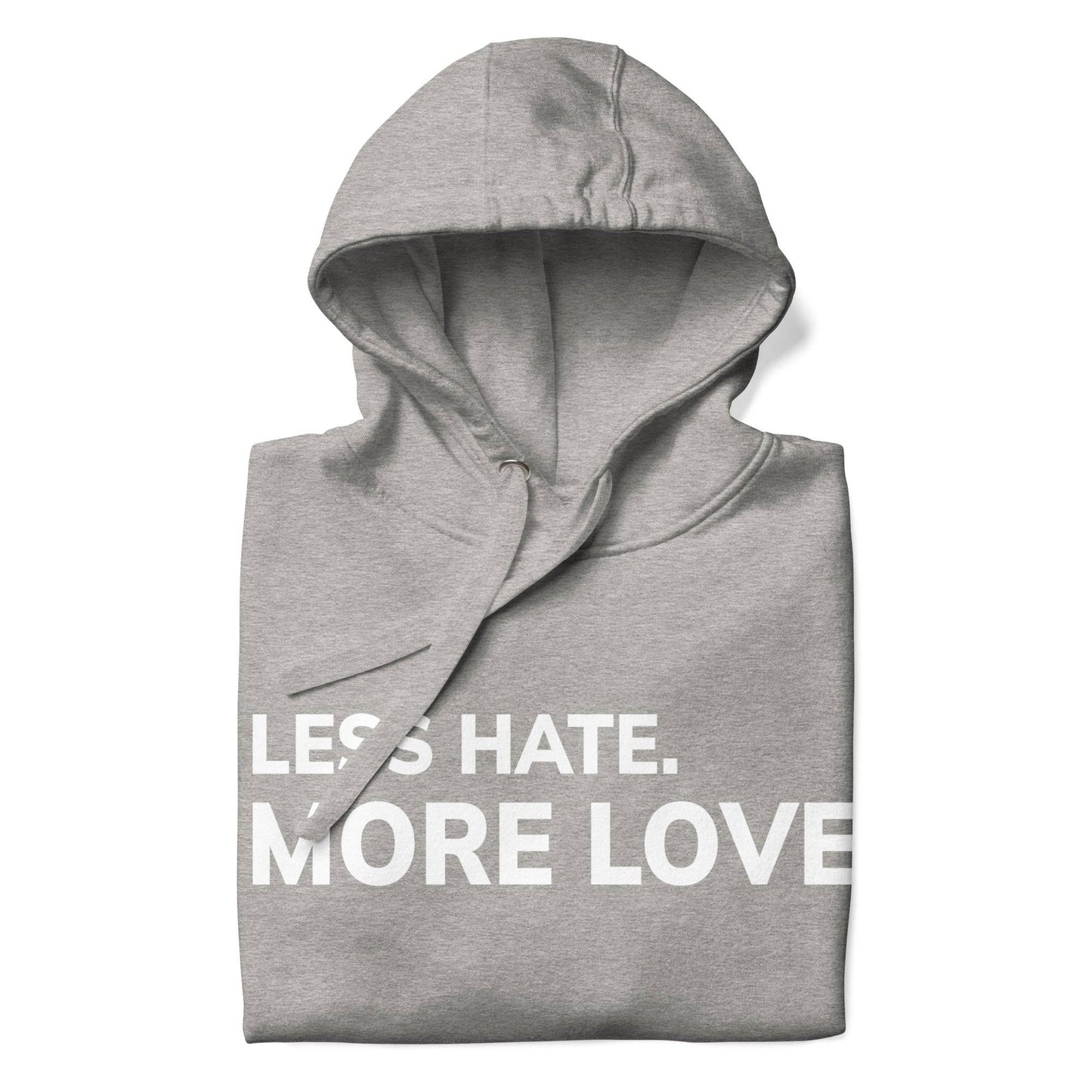 Carbon grey hoodie from Pridelity, named "Less Hate, More Love Hoodie," featuring the phrase "LESS HATE. MORE LOVE" in white capital letters on the front with a small red heart after the word "LOVE," capturing the essence of pride shirts.