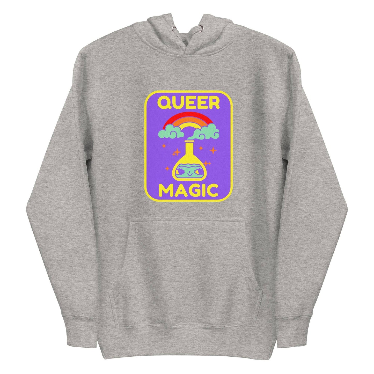 Introducing the "Queer Magic Hoodie" by Pridelity, a stylish piece from our pride collection. This purple hoodie features a vibrant design of a potion bottle with a smiling face, set amidst clouds and a rainbow. The phrase "Queer Magic" is elegantly printed above and below the illustration, celebrating LGBTQ+ spirit with flair.