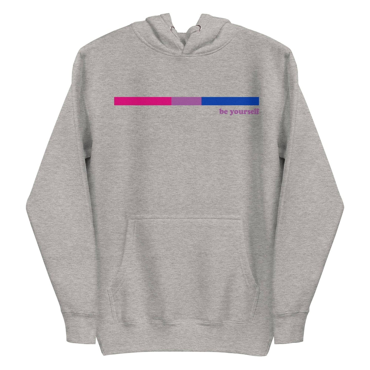 The Bisexual Hoodie by Pridelity features a minimalist design on a black background, showcasing a small horizontal bar in shades of pink, purple, and blue on the chest. Next to the bar, the subtle text "be yourself" elegantly celebrates Pride with style.
