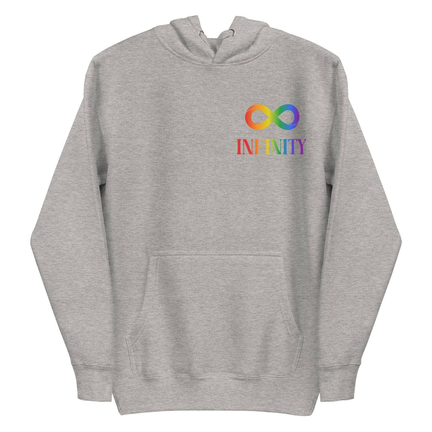 Introducing the Infinity Hoodie by Pridelity, a black hoodie adorned with a vibrant gradient rainbow infinity symbol and the word "INFINITY" on the chest. This design celebrates pride by allowing you to express your true colors and embrace diversity, making it a standout choice among pride shirts.